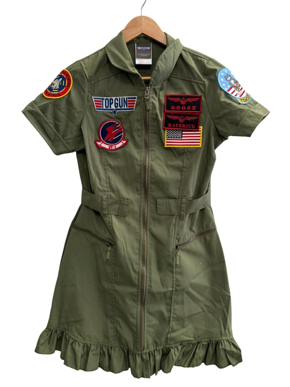 NEW Top Gun Maverick Flight Dress Costume Olive Green Patch Mini Dress Small